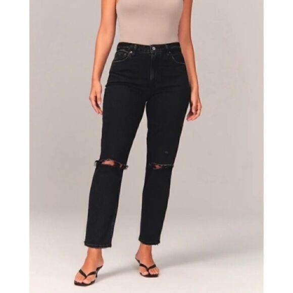 Abercrombie High Rise Mom Jean Distressed Raw Hem Jeans sz 26/2 SHORT - Picture 3 of 11
